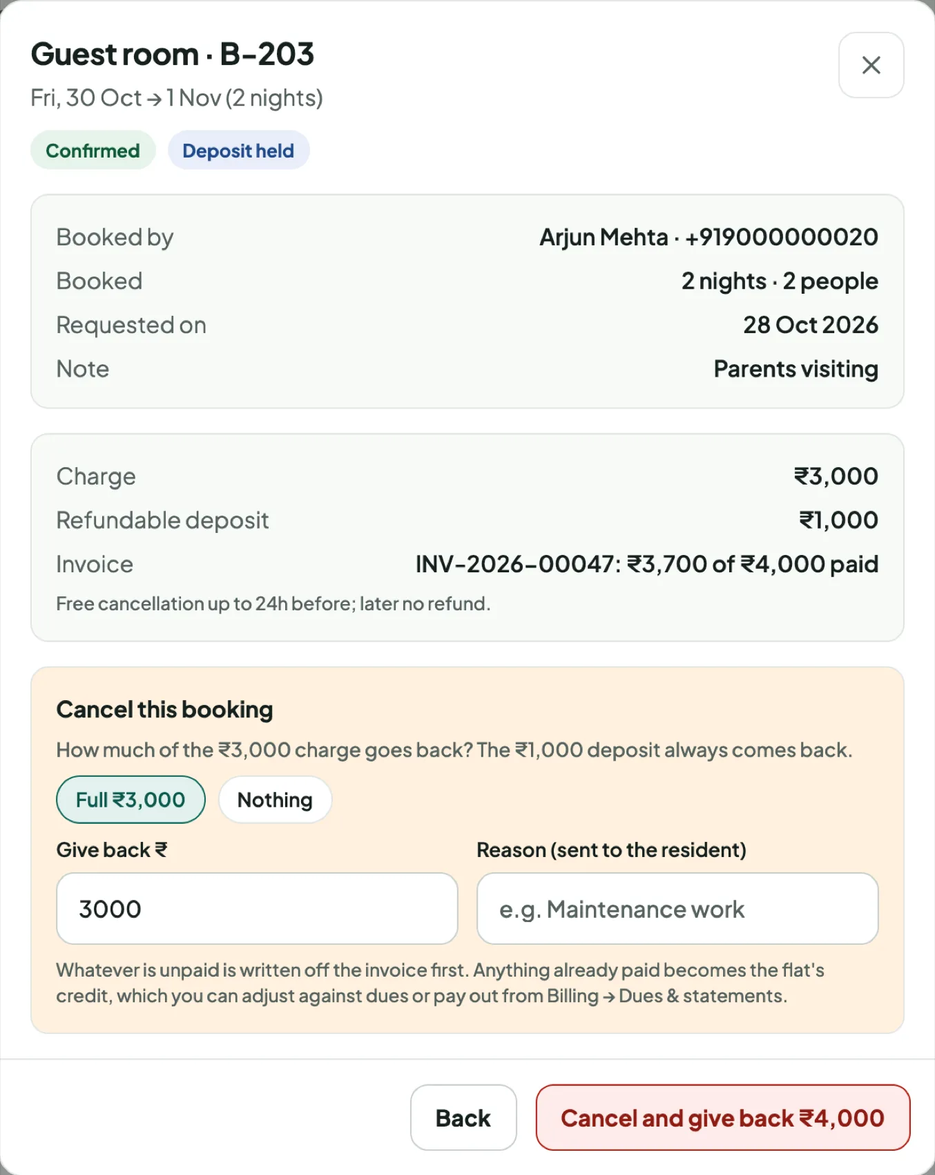 Cancelling a booking: choose how much of the charge goes back; the deposit always comes back