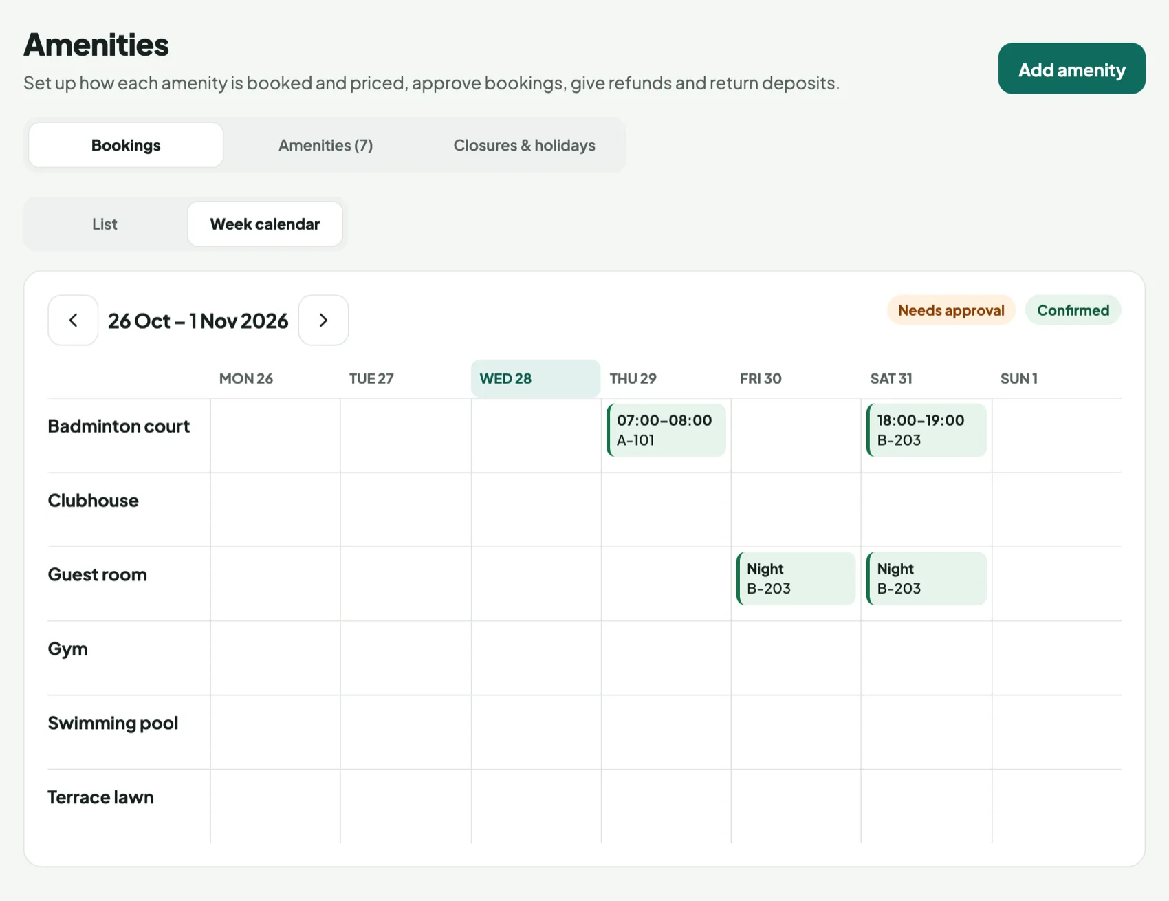Admin Amenities: week calendar with badminton slots and guest-room nights
