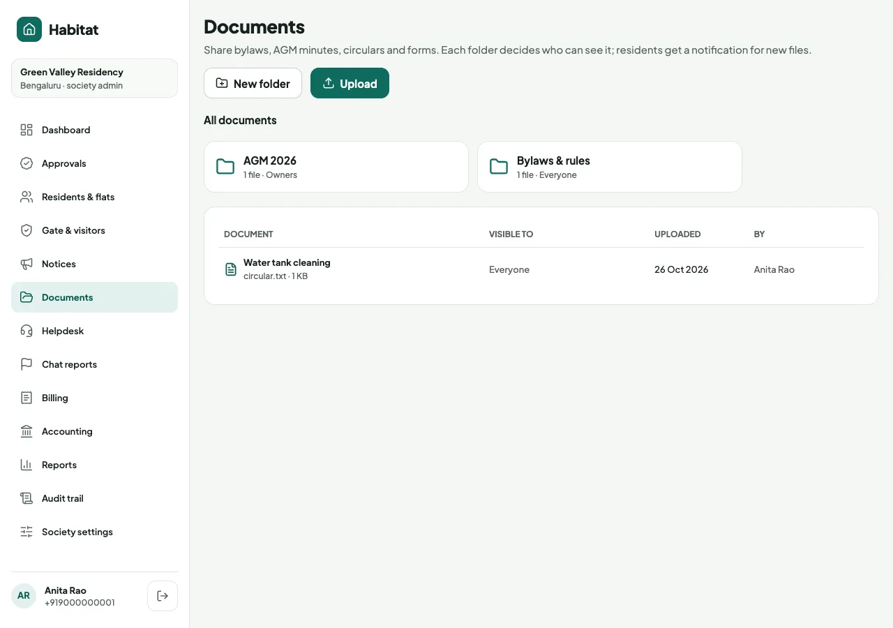 Admin Documents page: folders AGM 2026 for owners and Bylaws for everyone