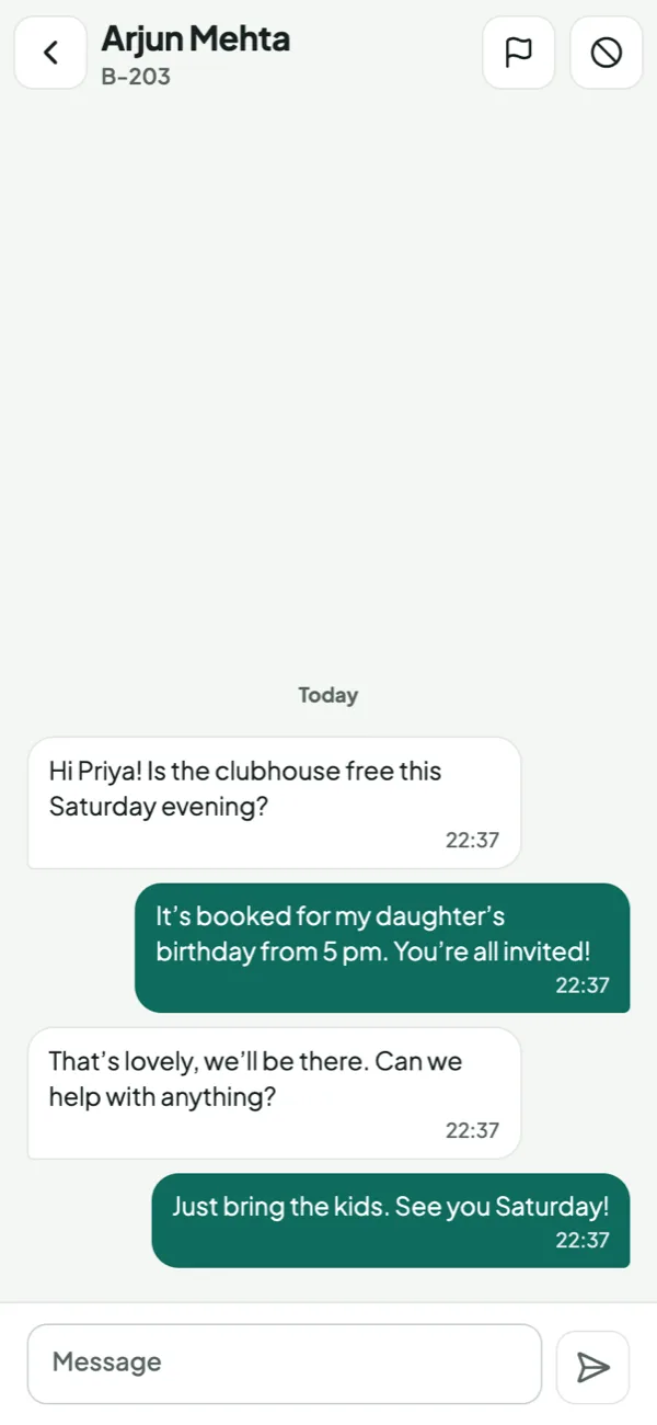 A private chat between neighbours about a birthday at the clubhouse