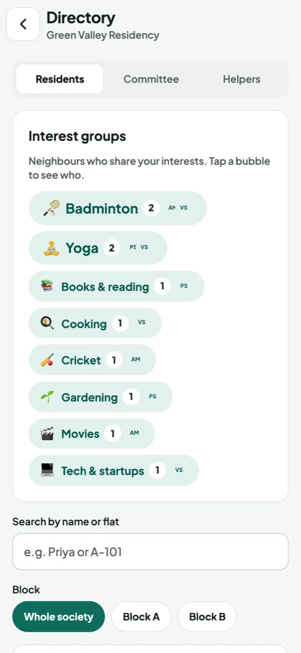 Residents directory with interest-group bubbles: Badminton, Yoga, Books and more
