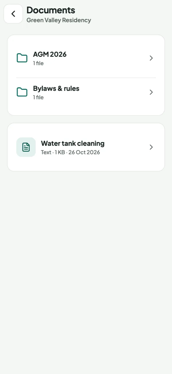 Resident app Documents: folders and the water tank cleaning circular