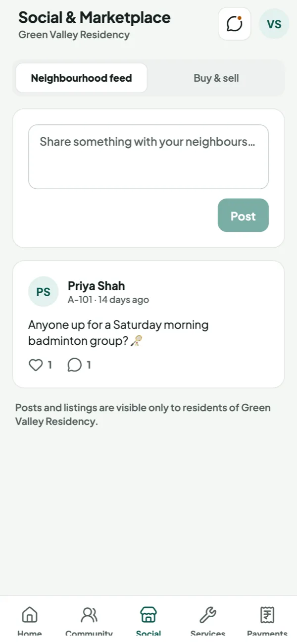 Social and Marketplace tab: neighbourhood feed with a post about a badminton group