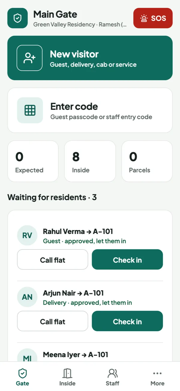 Guard app gate screen with New visitor, Enter code and waiting list