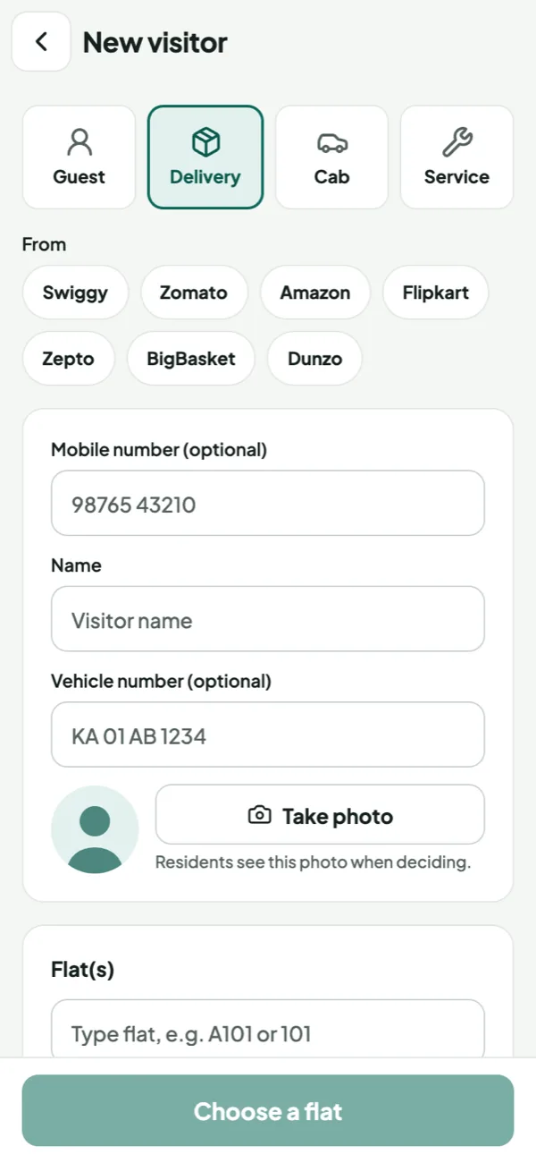 Guard app: new visitor form with Guest, Delivery, Cab and Service