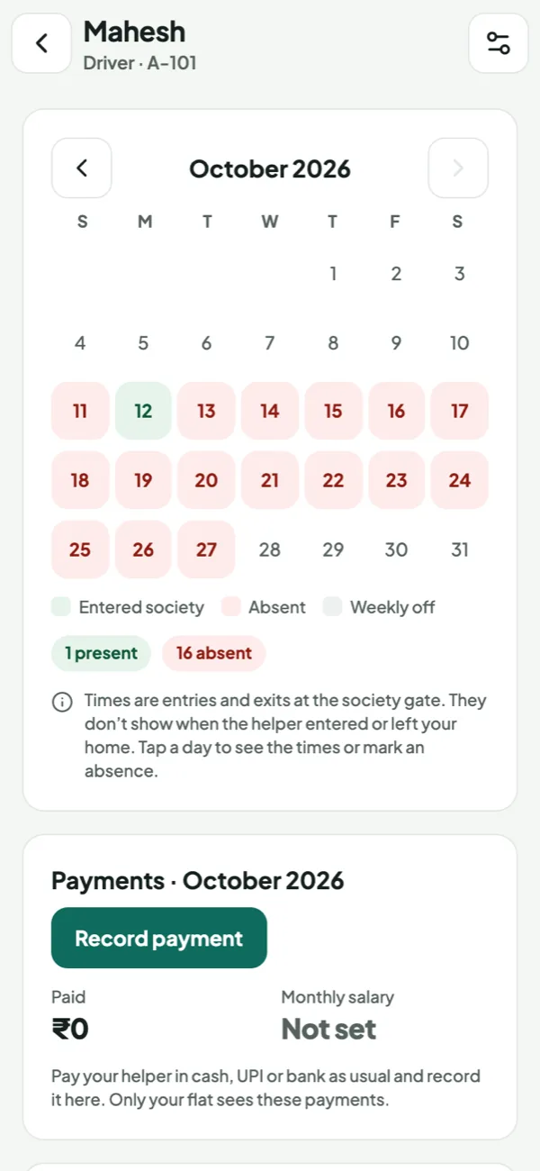A helper’s attendance calendar: green present, red absent, with payments below