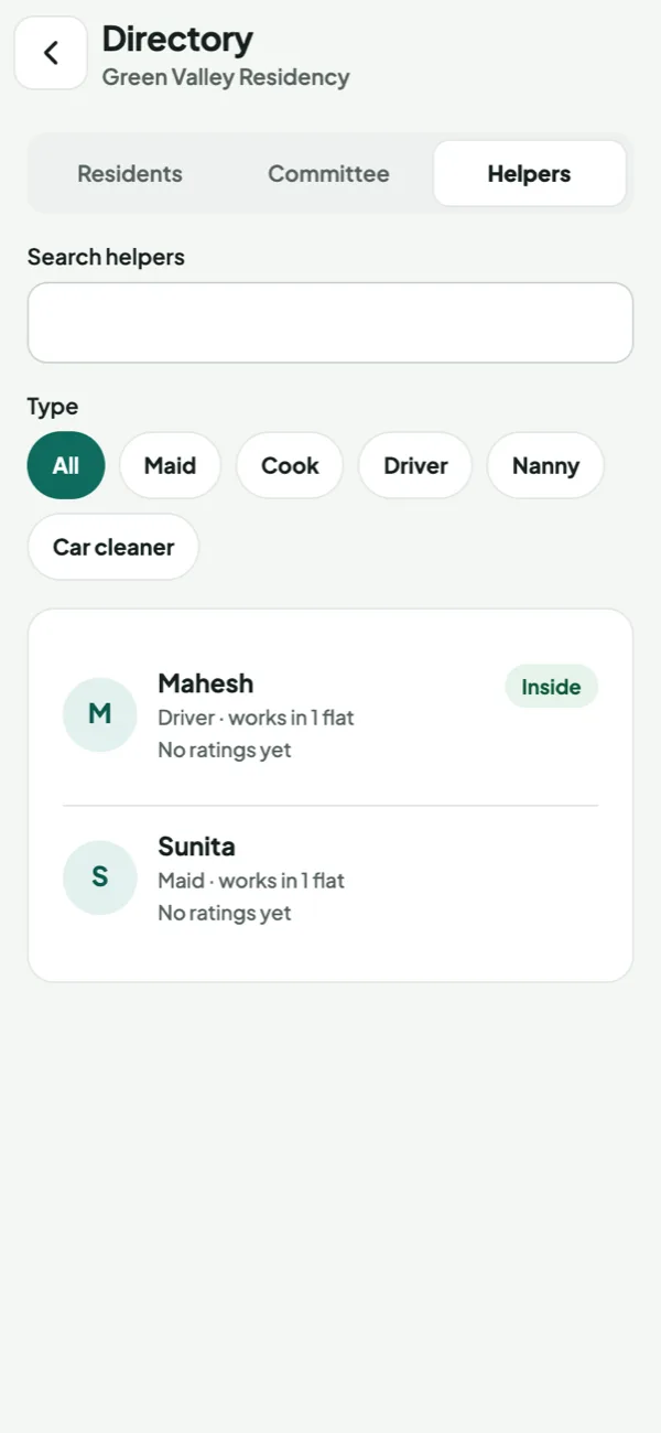 Helpers directory: maids and drivers with how many flats they work in