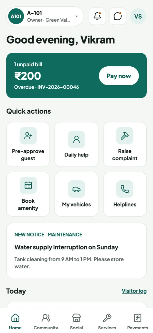 Habitat resident app home screen with dues, quick actions and notices
