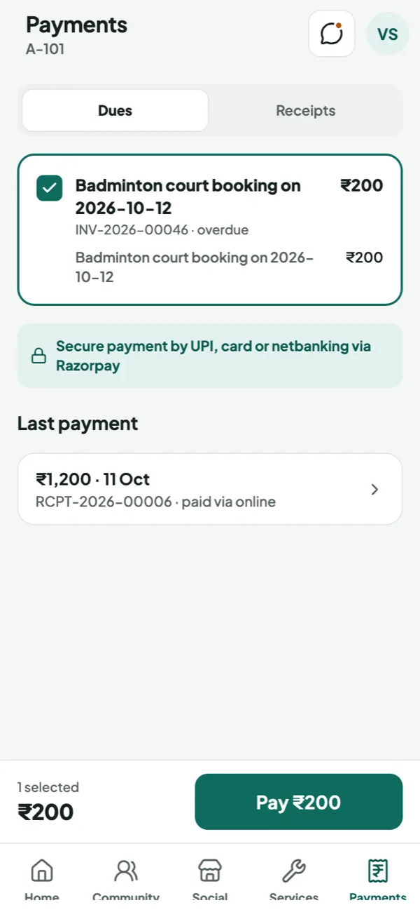 Payments: choose dues and pay securely by UPI, card or net banking