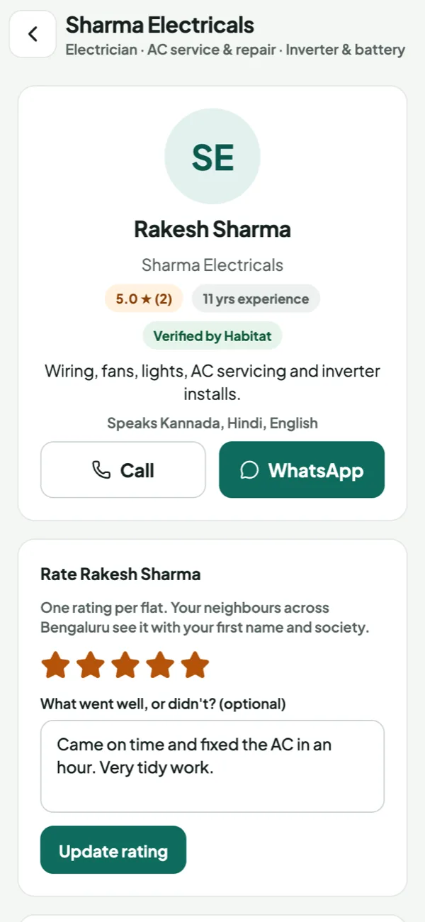 A partner’s profile with rating, Call and WhatsApp buttons