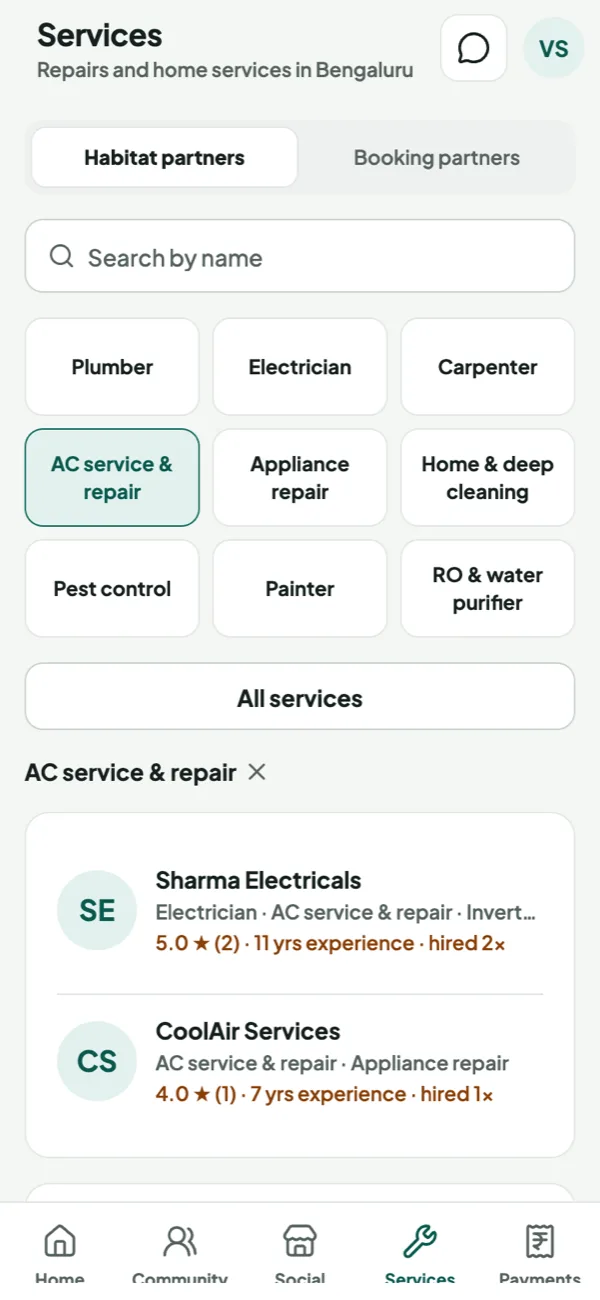 Services tab: Habitat partners and Booking partners, categories and top-rated partners